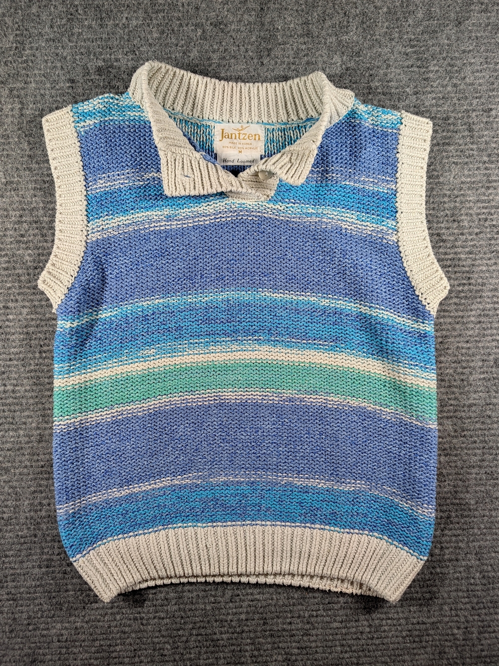 Vintage 80s Jantzen Hand Loomed Silk Blend Sweater Vest Blue Striped Mens Medium